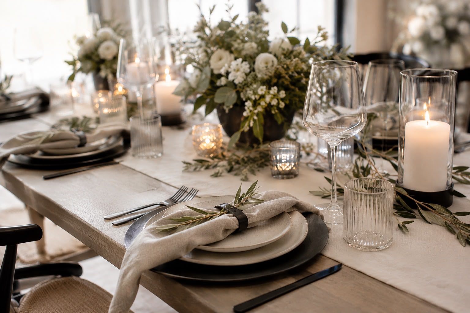 A neutral linen tablescape with layered ceramics, olive branches, and pillar candles by Tied with a Bow