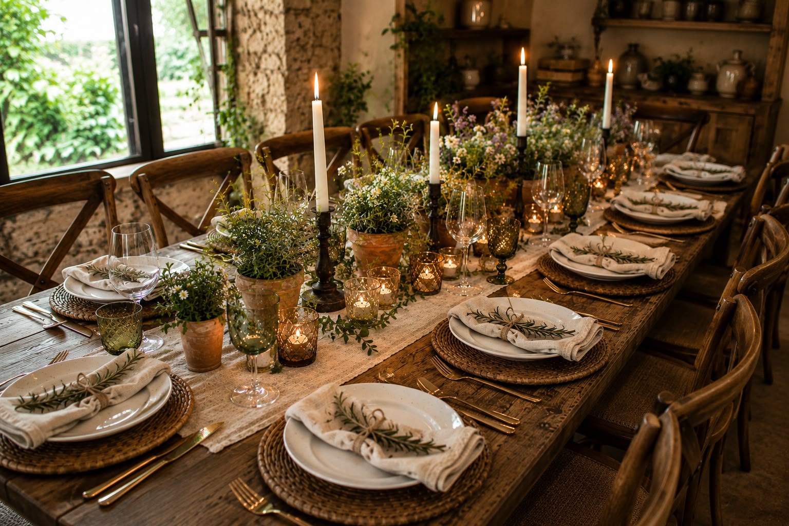 A softly styled Tied with a Bow tablescape with fresh florals, taper candles, and elegant place settings
