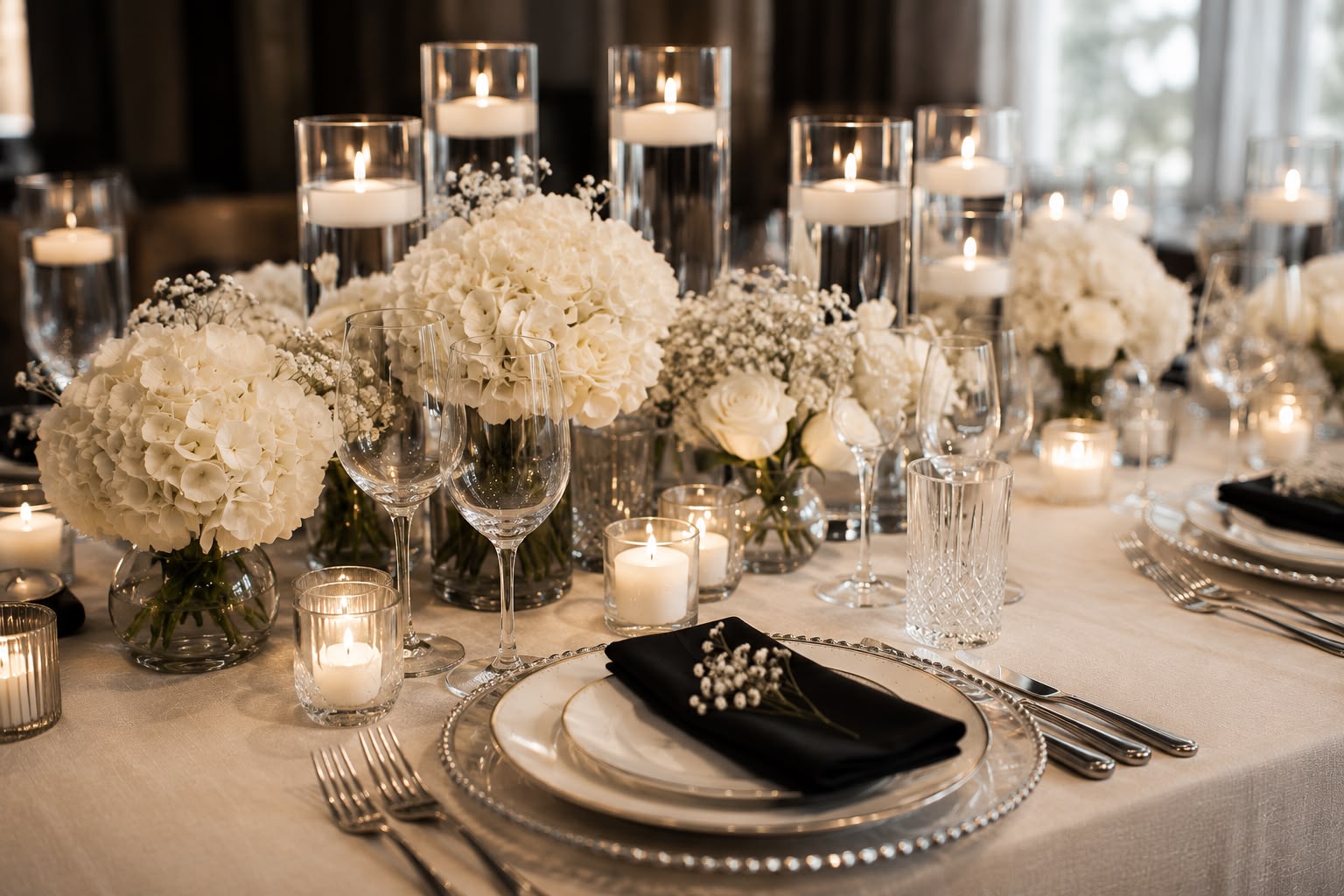 A curated dinner tablescape with warm neutrals, candlelight, and hand-arranged florals by Tied with a Bow