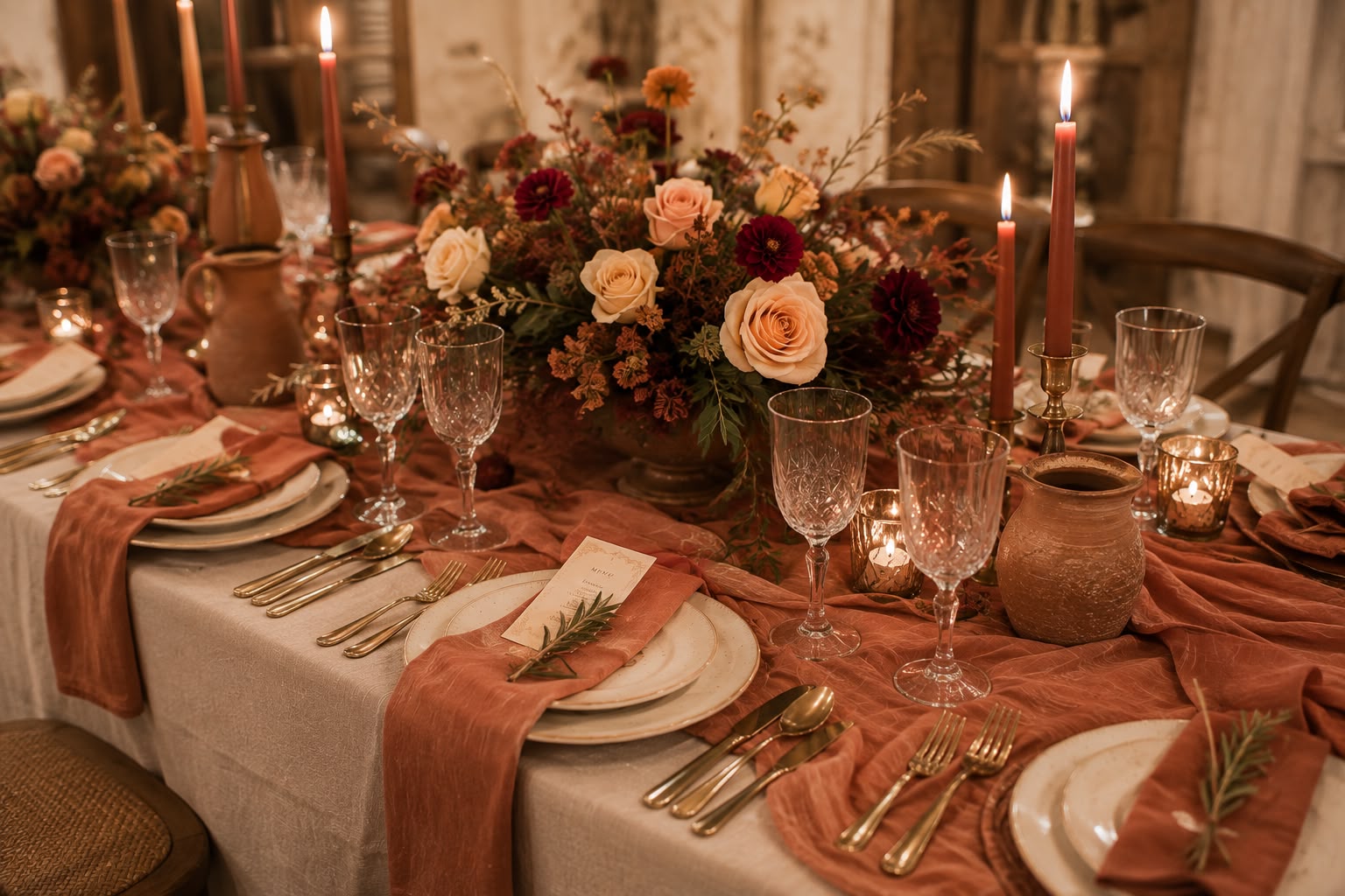 A refined Tied with a Bow table setting with layered linens, greenery, and considered tabletop details