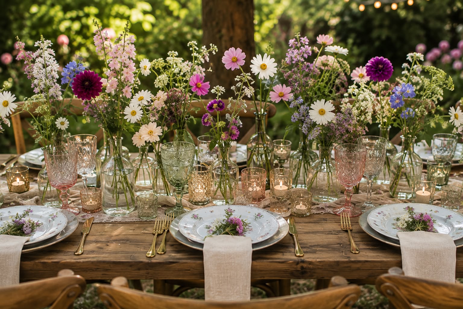 An intimate Tied with a Bow tablescape with soft candlelight, textured runner, and floral centerpiece