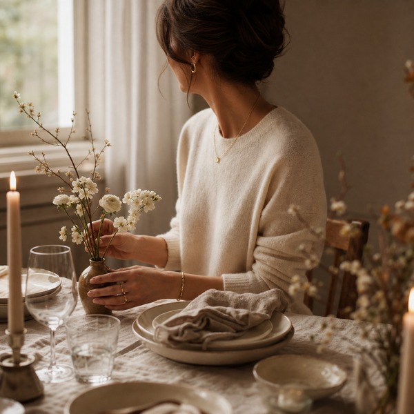 Portrait of Esther in soft natural light, in a warm neutral setting
