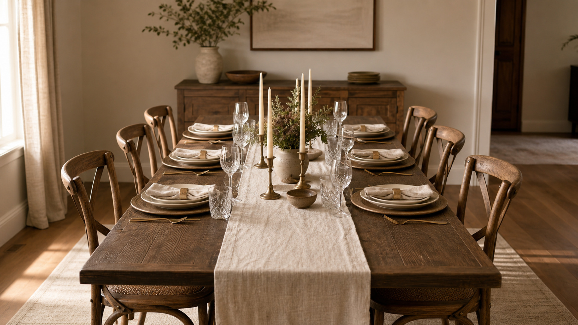 A quietly set table before guests arrive — linens pressed, candles waiting to be lit