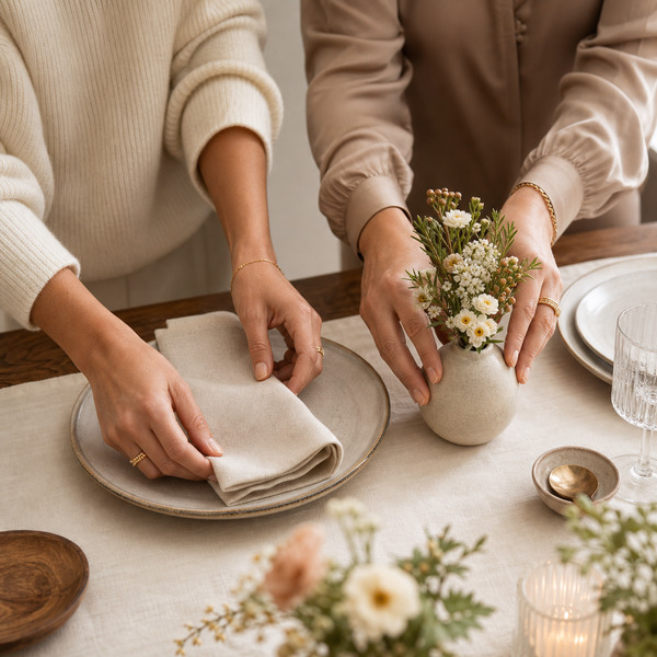 Esther and Sara in candid mid-setup — arranging florals and linens in natural light
