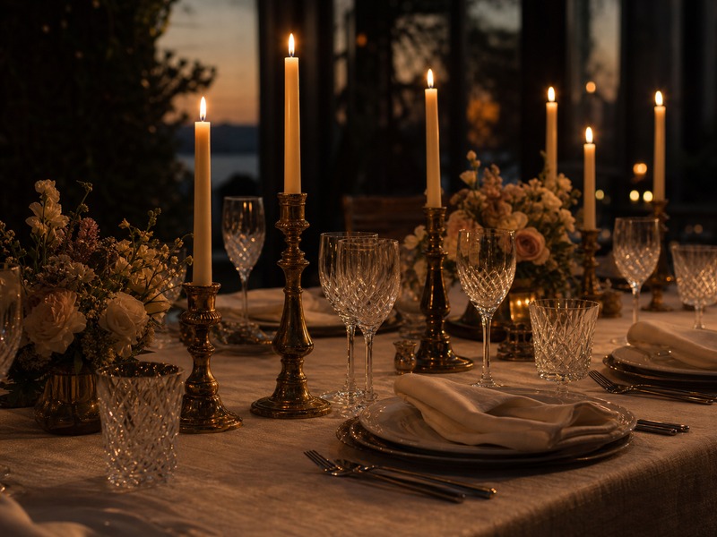 Warm candlelight glowing across a set dinner table at dusk