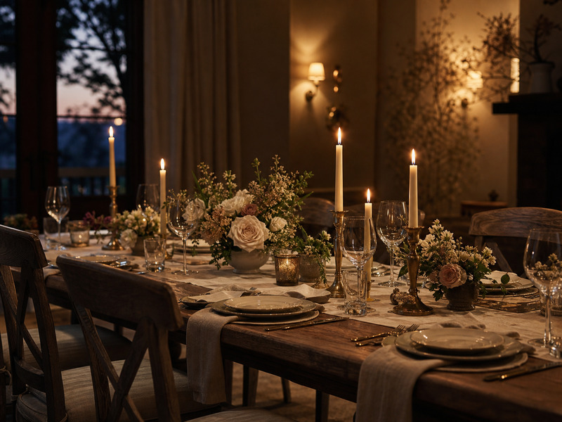 Softly lit dining room with taper candles and low seasonal florals