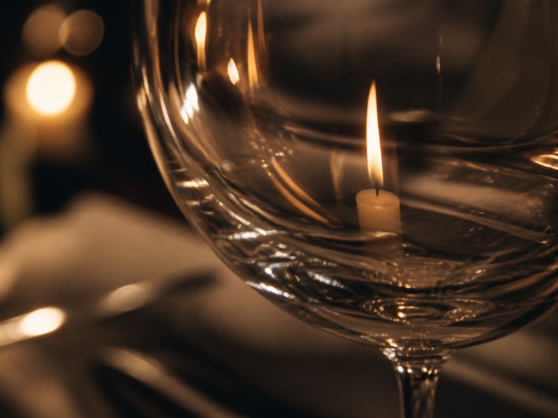 Detail of a candle flame reflecting on a crystal wine glass