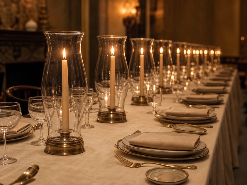 String of hurricane lanterns lit along the length of a dining table