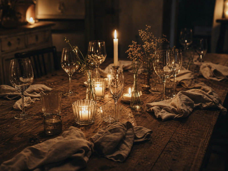Late-evening view of an empty table after dessert, candles still burning