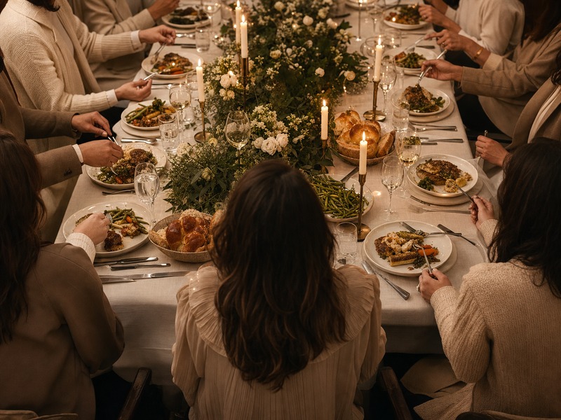Intimate dinner party in progress with seated guests around a long table