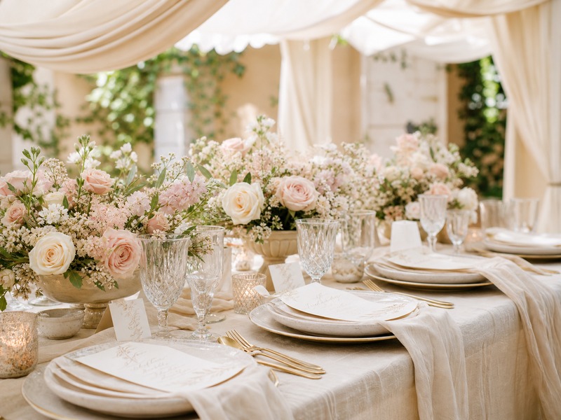 Bridal shower brunch set beneath a canopy of soft draped fabric