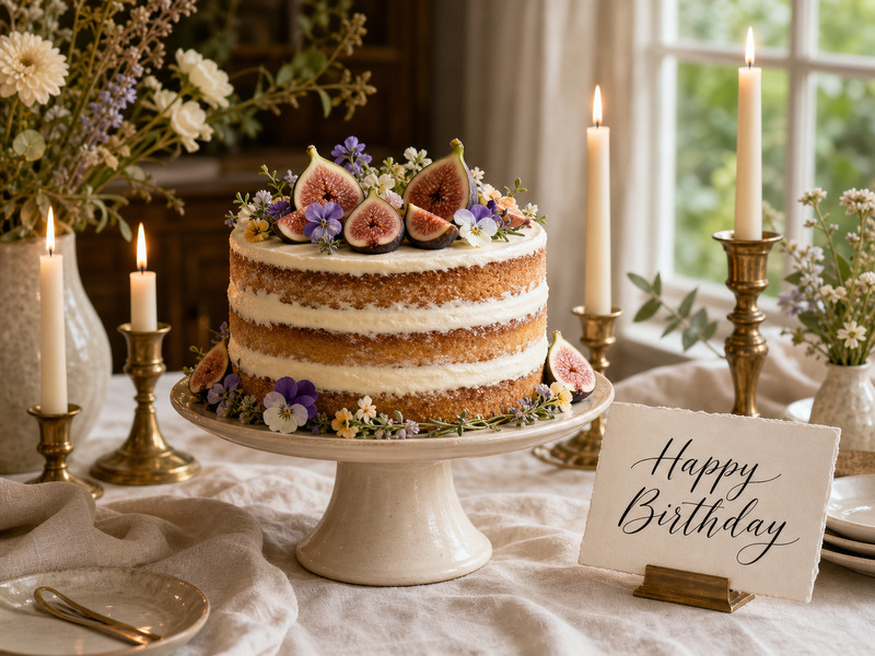 Birthday celebration table with cake, taper candles, and hand-lettered signage