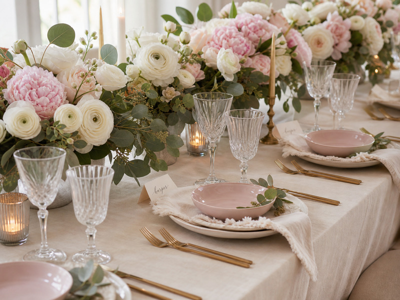 Baby shower tablescape with pale florals and delicate pastel accents