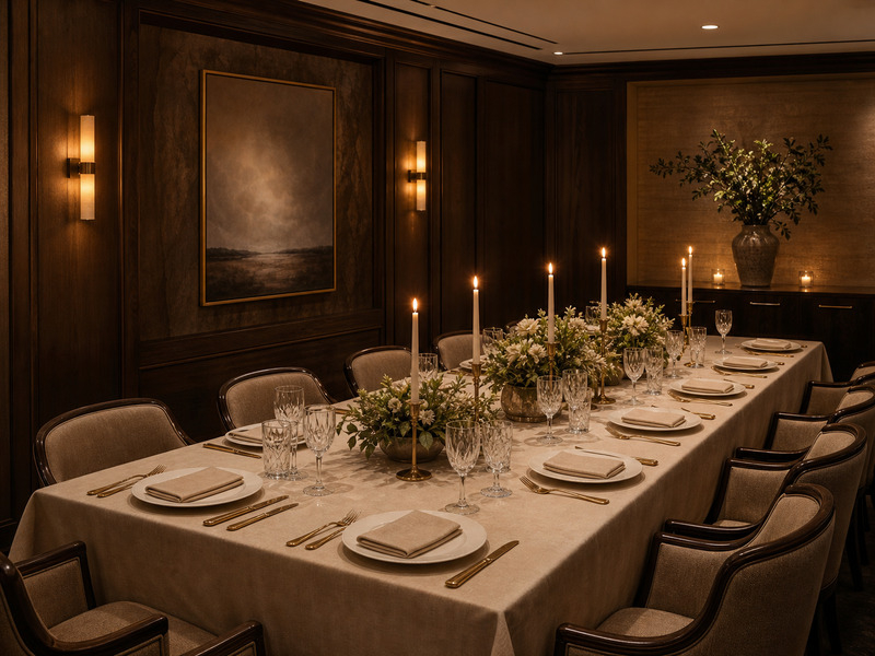 Corporate client dinner set in a private dining room, warmly lit