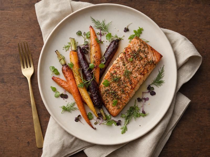 Plated kosher entrée on ceramic ware with a garnish of fresh herbs