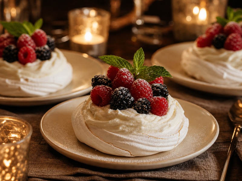 Dessert course with layered pavlova and berries under candlelight