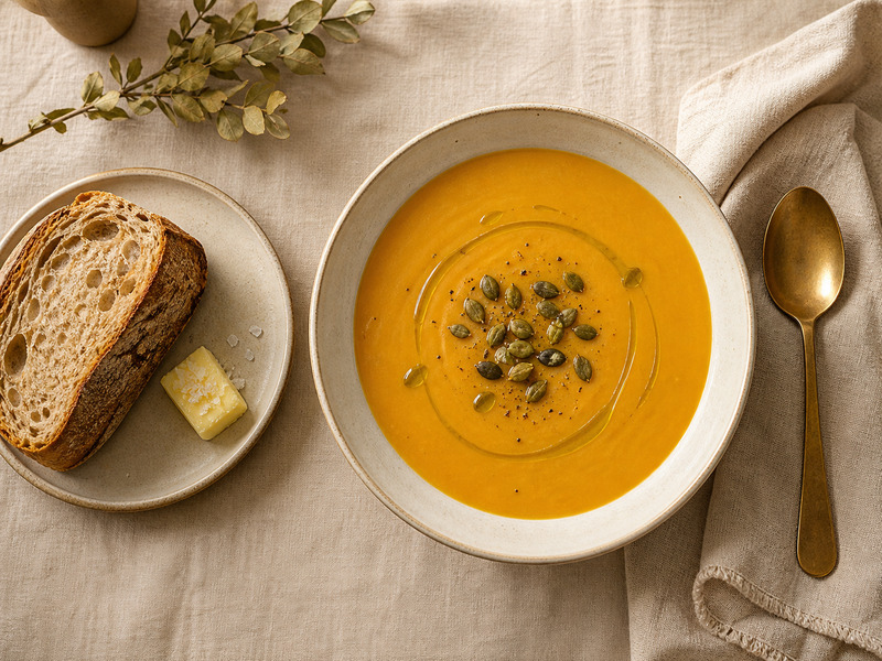 Overhead of a first course with soup, bread, and softened butter