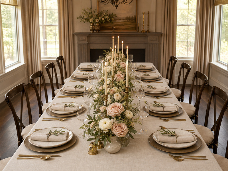 Long dining table dressed in cream linens with low seasonal florals