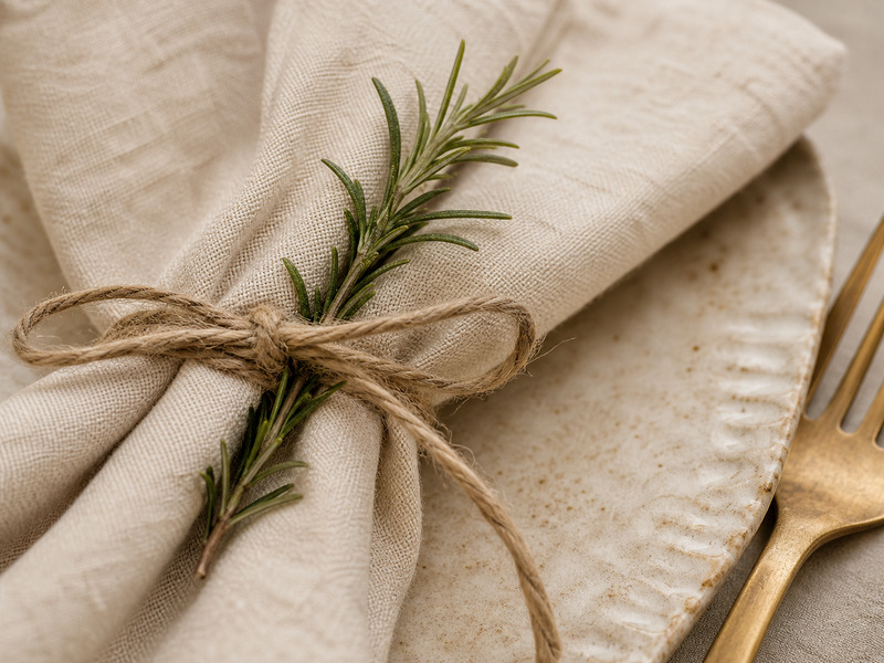 Close-up of a folded napkin tied with twine on a ceramic charger