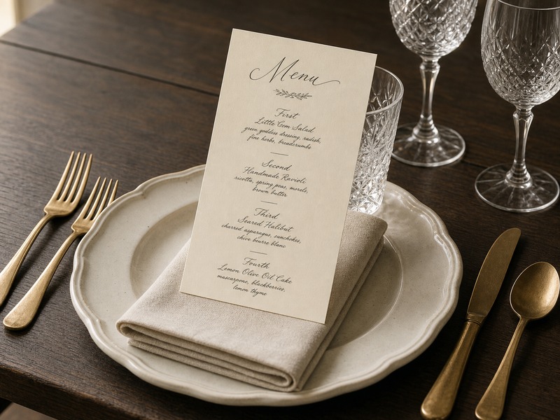 Place setting with hand-lettered menu card and vintage glassware