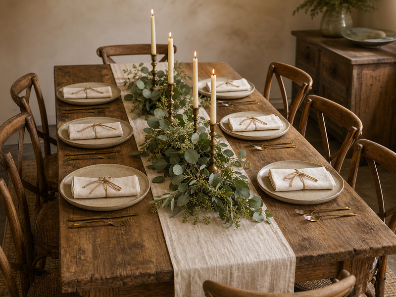 Rustic wooden table set with linen runners, candles, and greenery