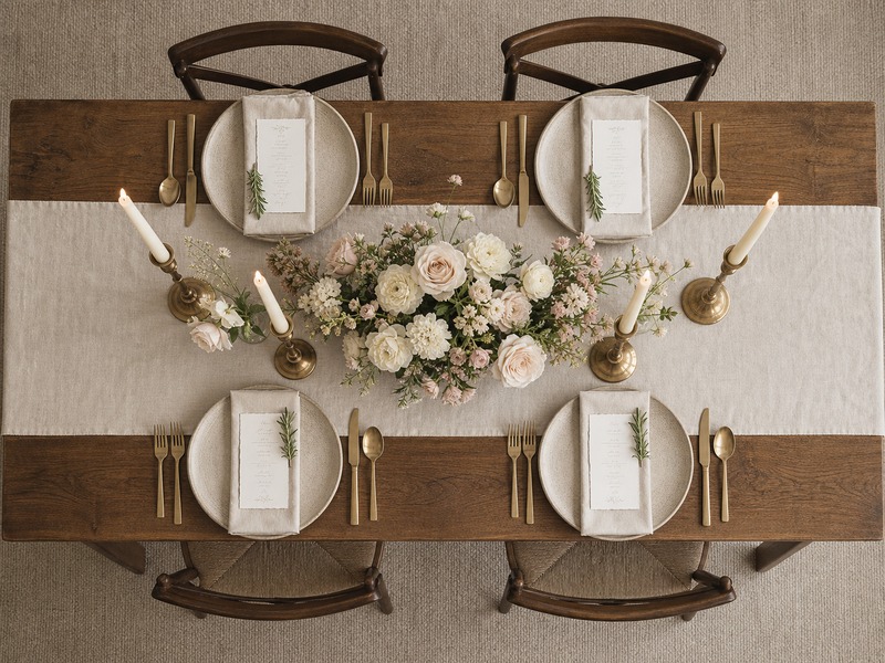Overhead view of a layered kosher tablescape with linens and florals