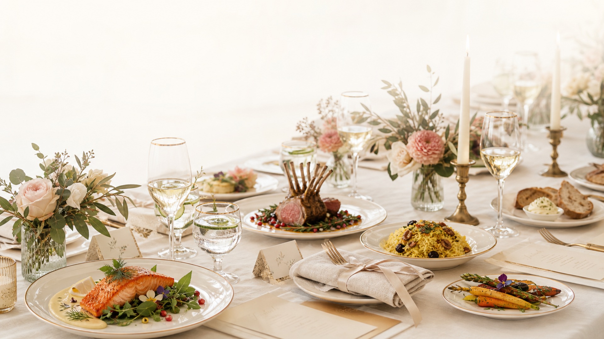 A fully styled dining table with beautifully plated kosher courses, crystal glassware, garnishes, and soft floral arrangements
