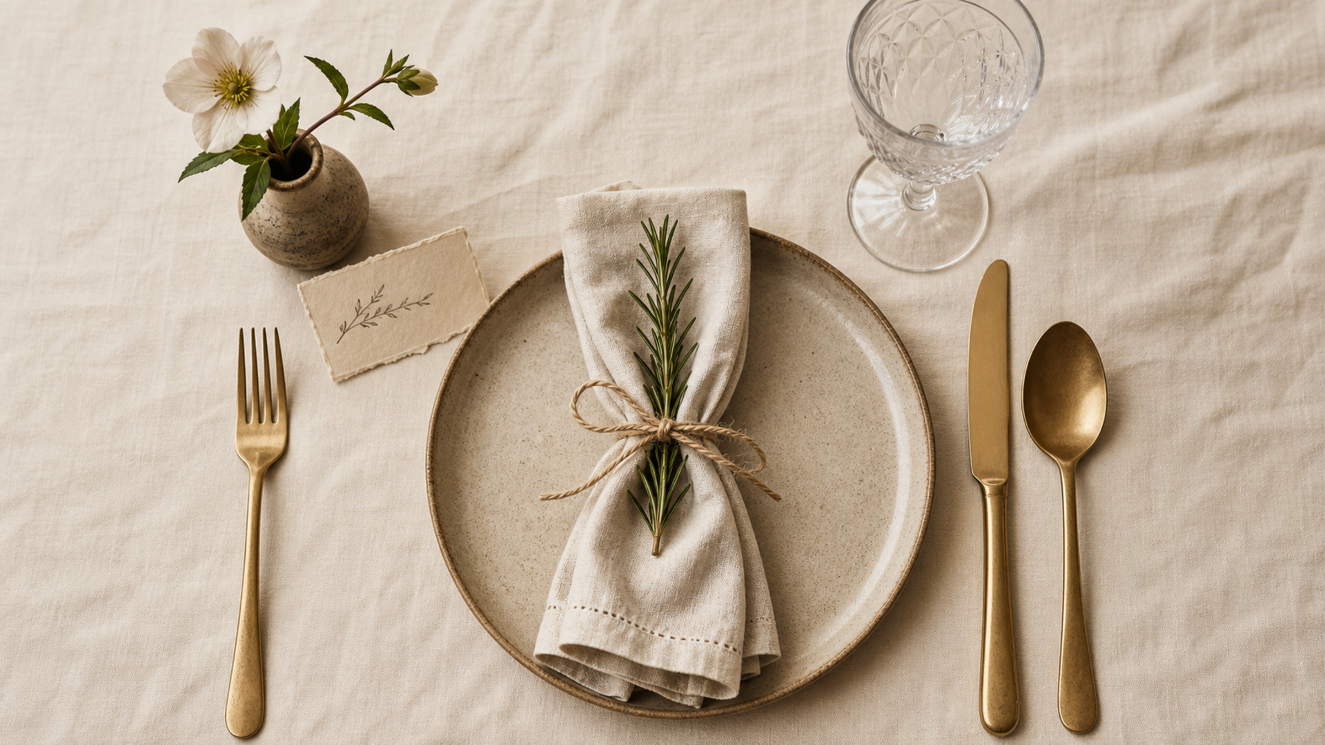 A single quiet place setting waiting on a linen-draped table — cutlery, glass, and a folded napkin