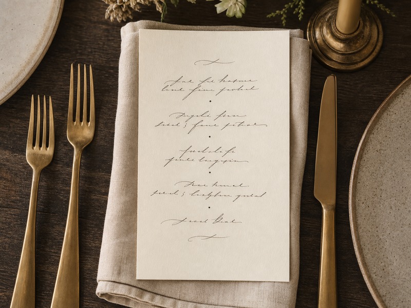 A handwritten menu card resting on a folded linen napkin