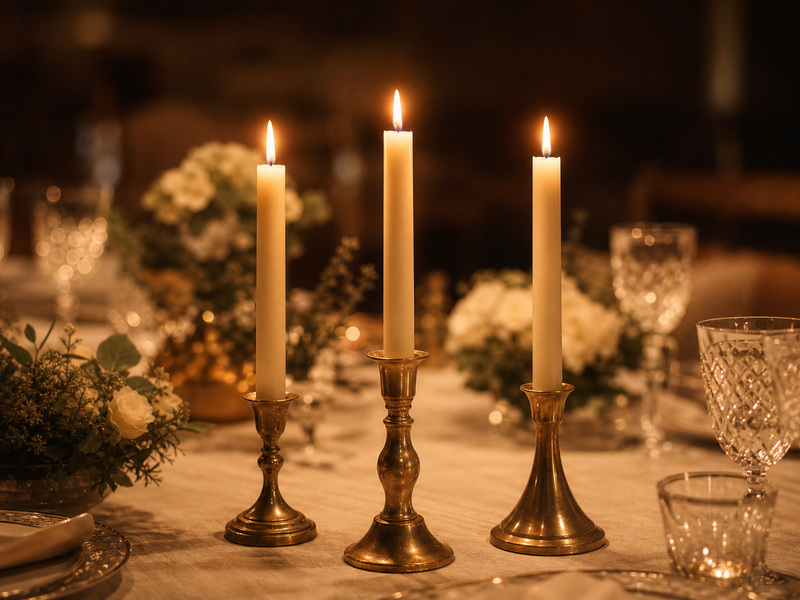 A row of lit taper candles glowing above a set dining table